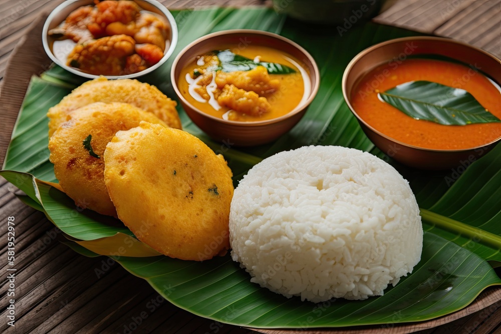 South Indian cuisine sambar and idli vada on a banana leaf. Generative AI