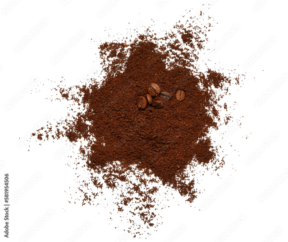 Coffee powder and beans isolated on white background