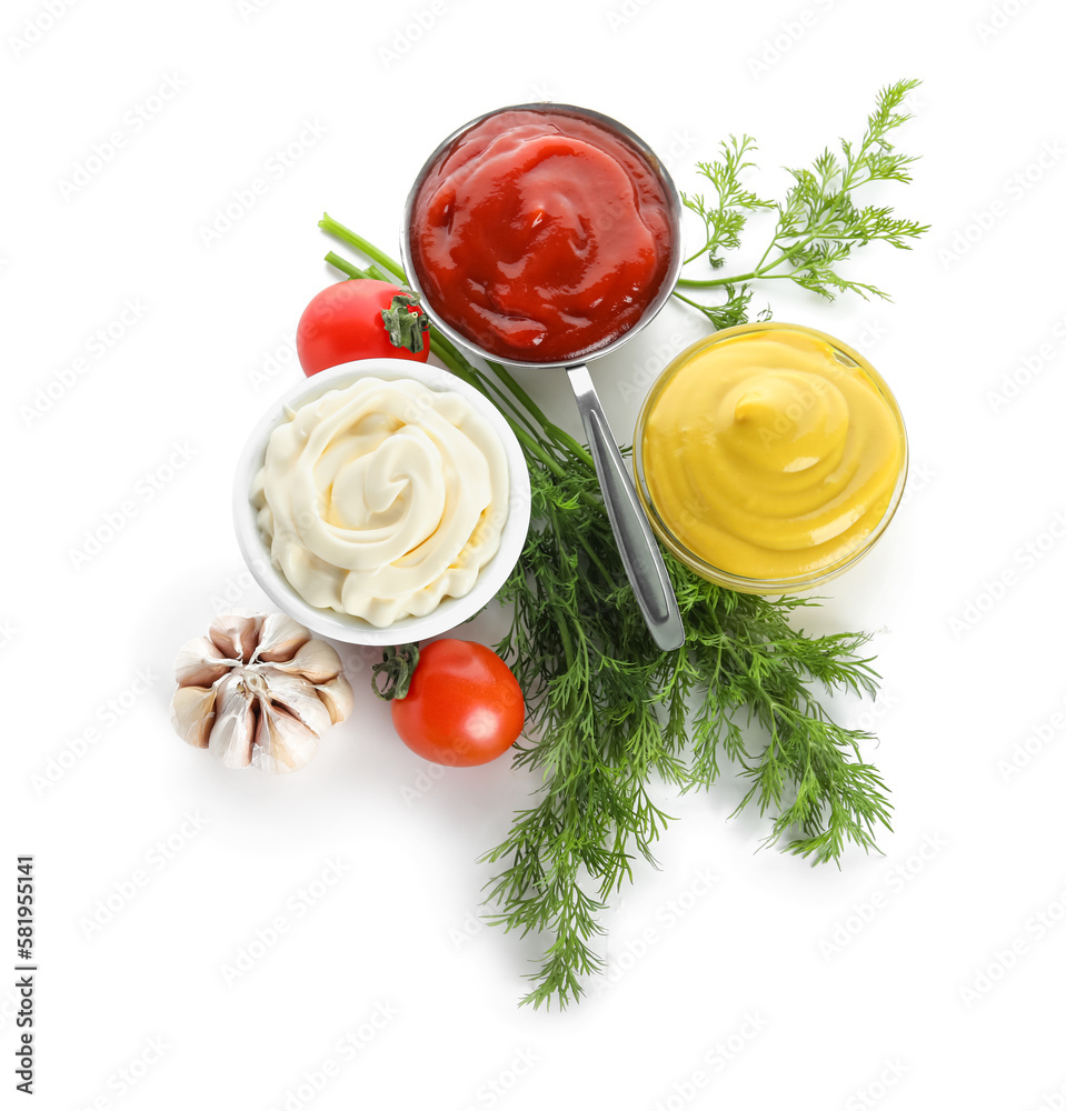 Bowls with different sauces and ingredients isolated on white background