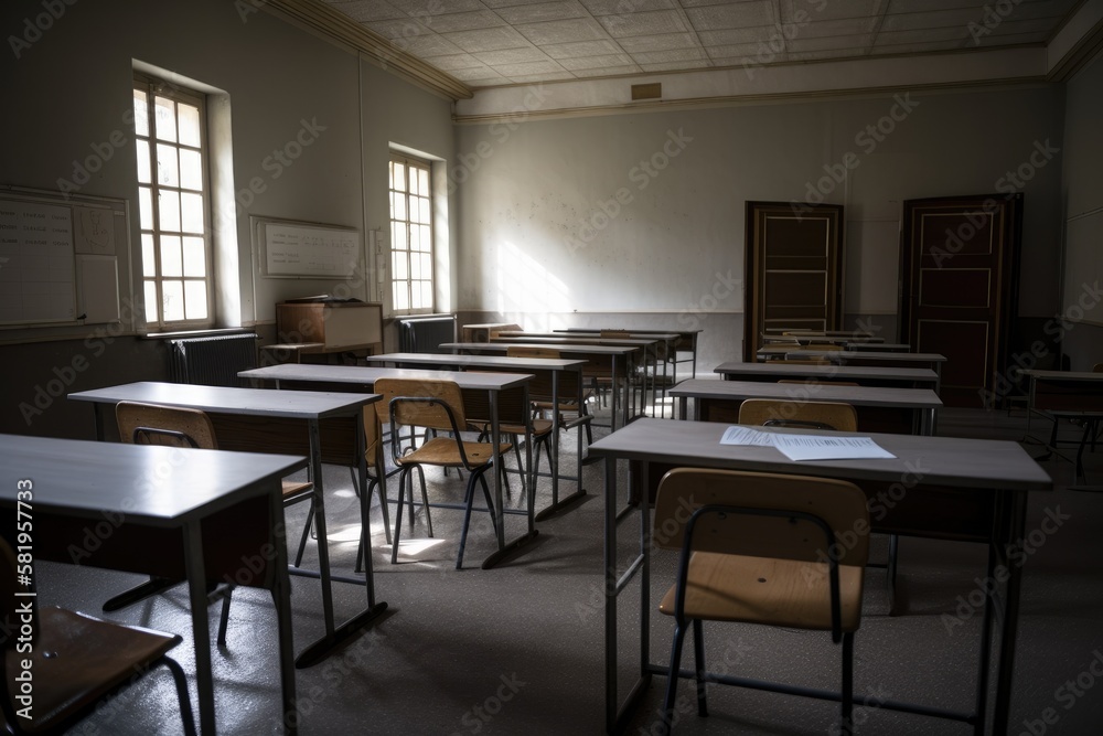 Empty classroom with chairs and desks. Generative AI