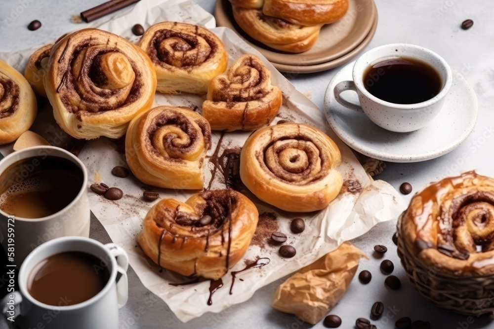 On a white background, a creative arrangement featuring cinnamon rolls and coffee is displayed. Lay 