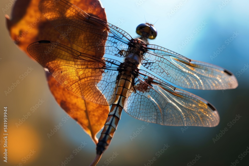 macro shot of a dragonflys wings with spots of sunlight and a clear sky in the background. Generati