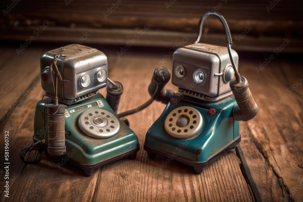 two little bots talking on an old vintage phone on a wooden floor. Generative AI