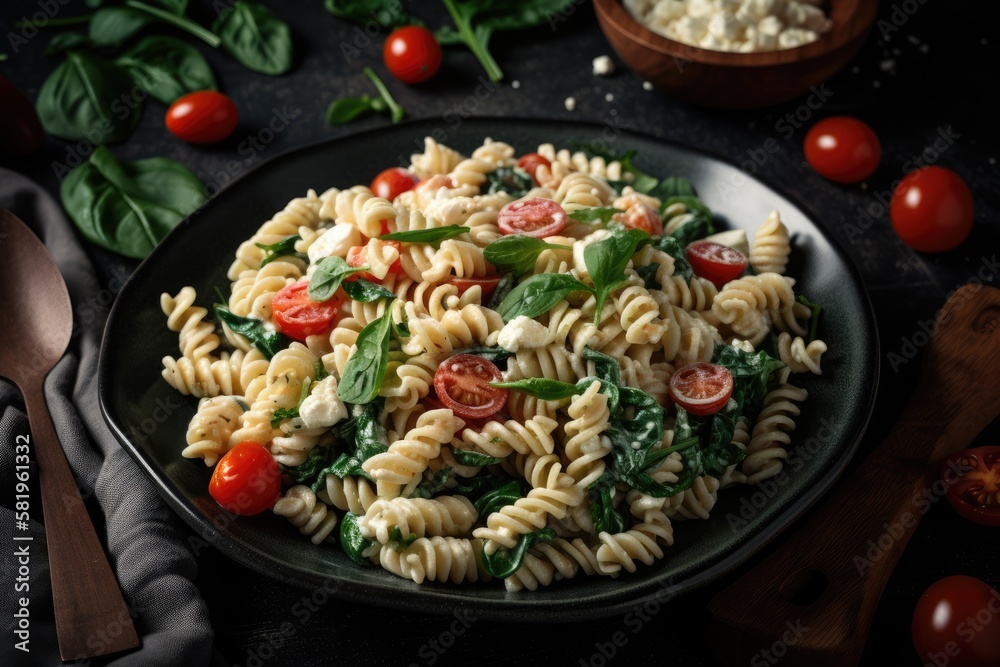 Pasta with feta cheese, tomatoes, and spinach. on a wooden background, in a black plate looking up. 