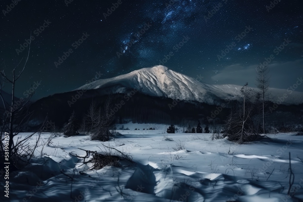 Winter landscape of a mountain range at night. Stars over the mountain range. Snow covers slopes of 