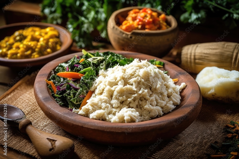 Ugali, fish, and greens are typical foods from East Africa. Generative AI