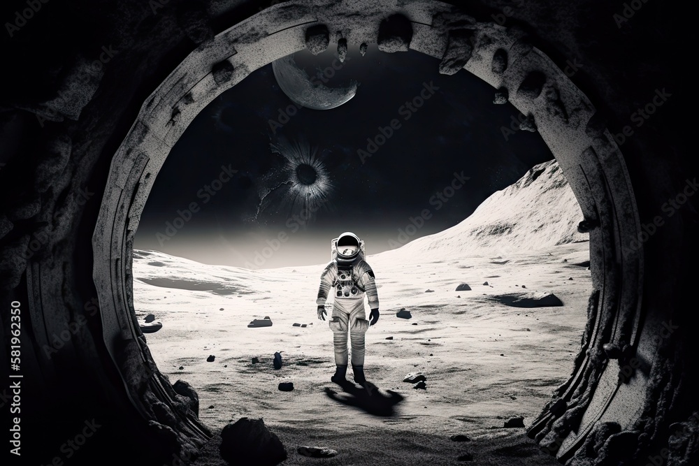 within the Moon. Astronaut stands front of an unidentified open portal to another planet. image with