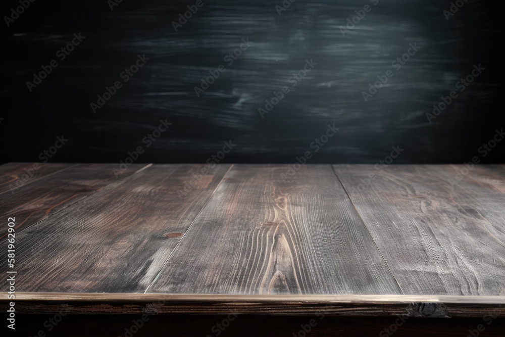 Empty wooden deck table over chalkboard. Generative AI