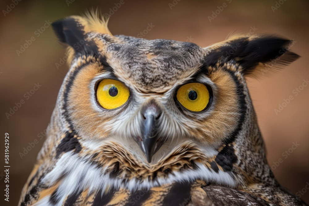 Focus is on the feathers around the eyes in this close up photograph of a great horned owl, with the