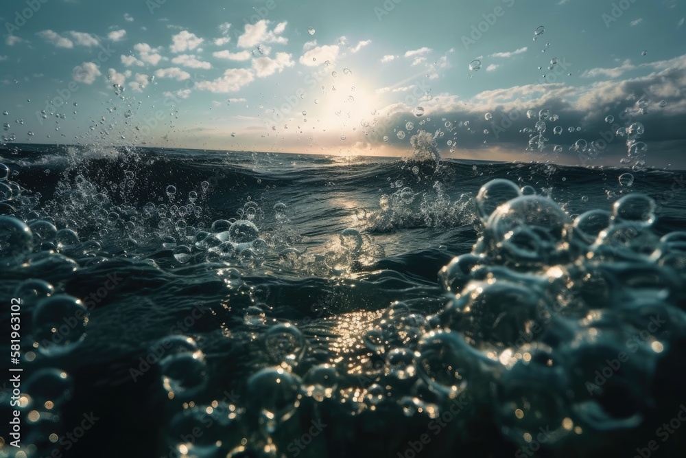 On a background of a bright sky, magnificent ocean waves come to a stop steaming with separate bubbl