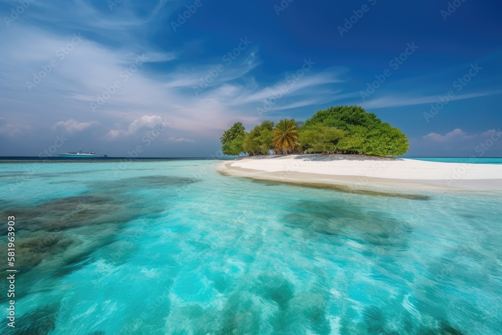 Gulhi Island, Maldives, has a paradisiacal white sand beach with turquoise water on a nice summer da