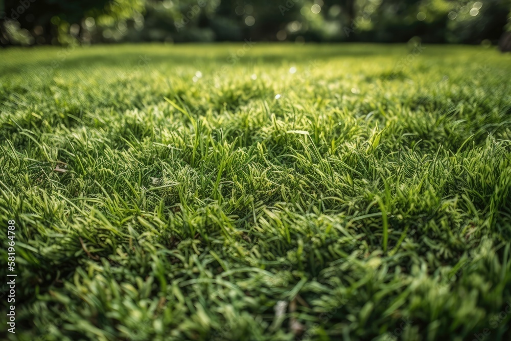 spongy green grass Turf grass is seen in the background. A football fields surface texture. a lush 