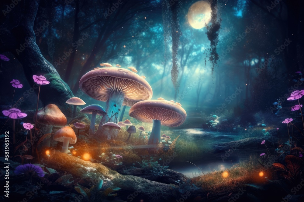 Fantasy Magical Mushrooms and Butterfly in enchanted Fairy Tale dreamy elf Forest with fabulous Fair