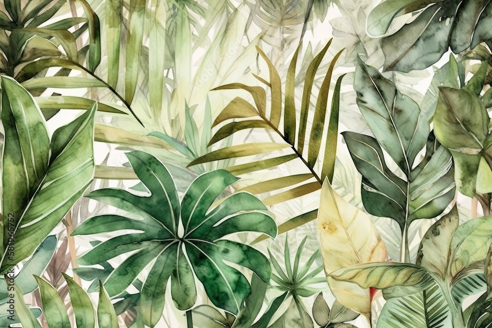 Wallpaper with tropical leaves, a watercolor texture, and a background of nature. Generative AI