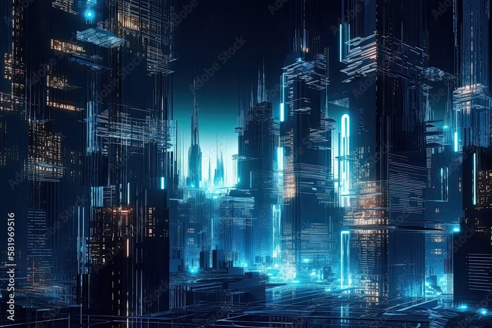 In the flow, futuristic towers. the data flow in digital form. Illustration of a metropolis of the f