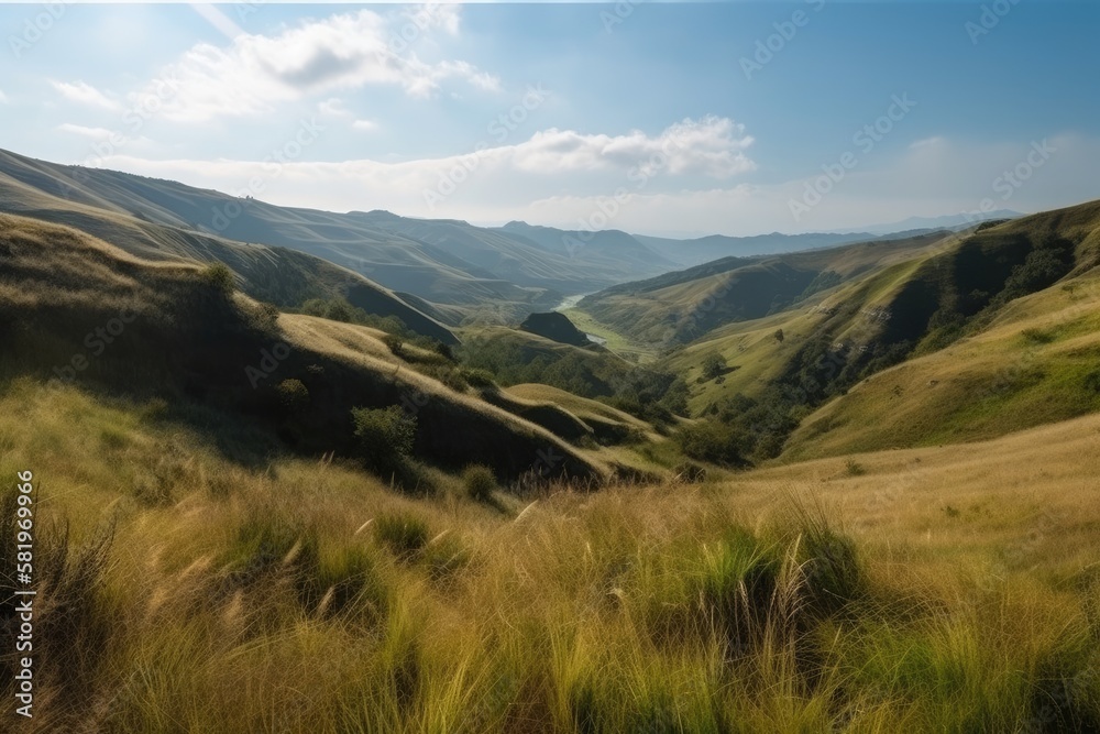 The breathtaking view of the hills and grassy meadows on a sunny day. Generative AI