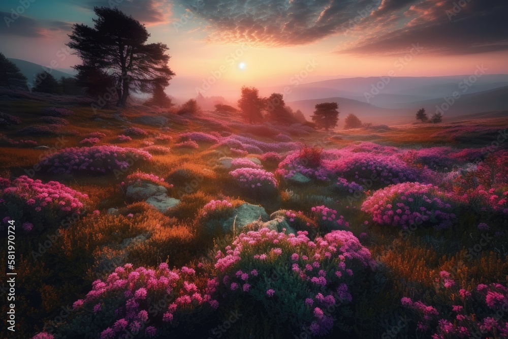 Pink and purple field, fantastical setting, multicolored sky above the meadow of pink flowers. magni