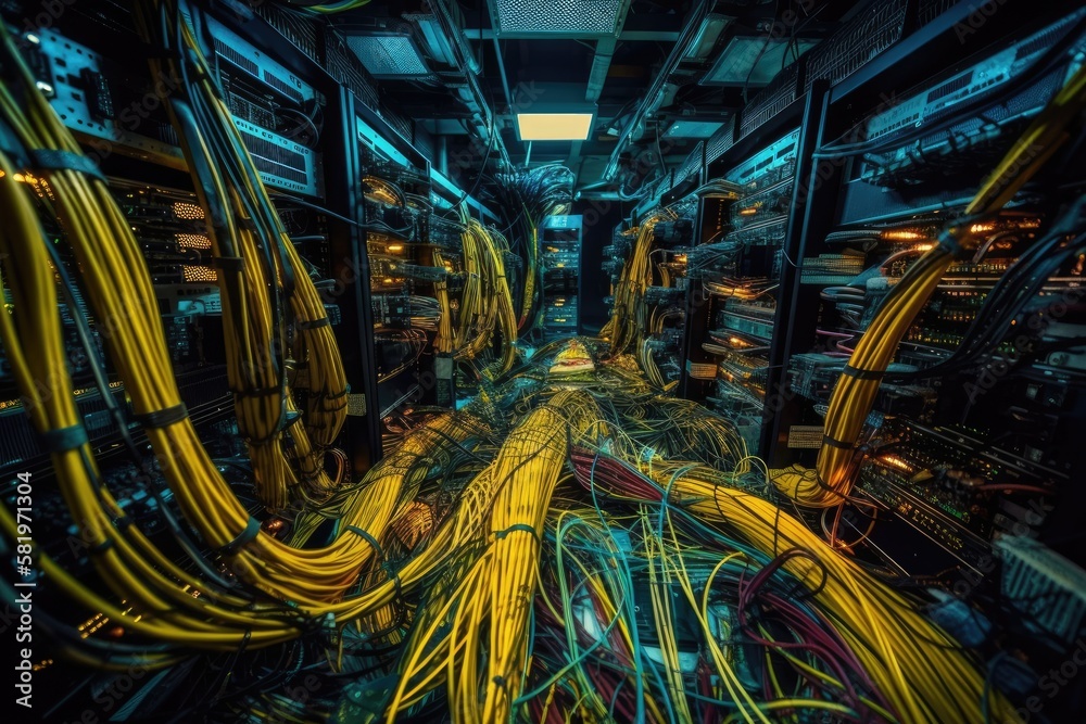 In the data center area, servers are haphazardly knotted together with yellow optic wires. Generativ