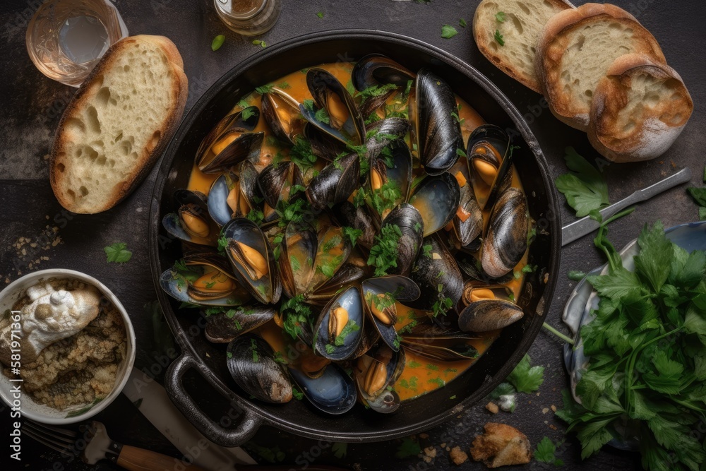 Top view of a casserole of traditional French blue mussels in bouillabaisse with lettuce and bread. 