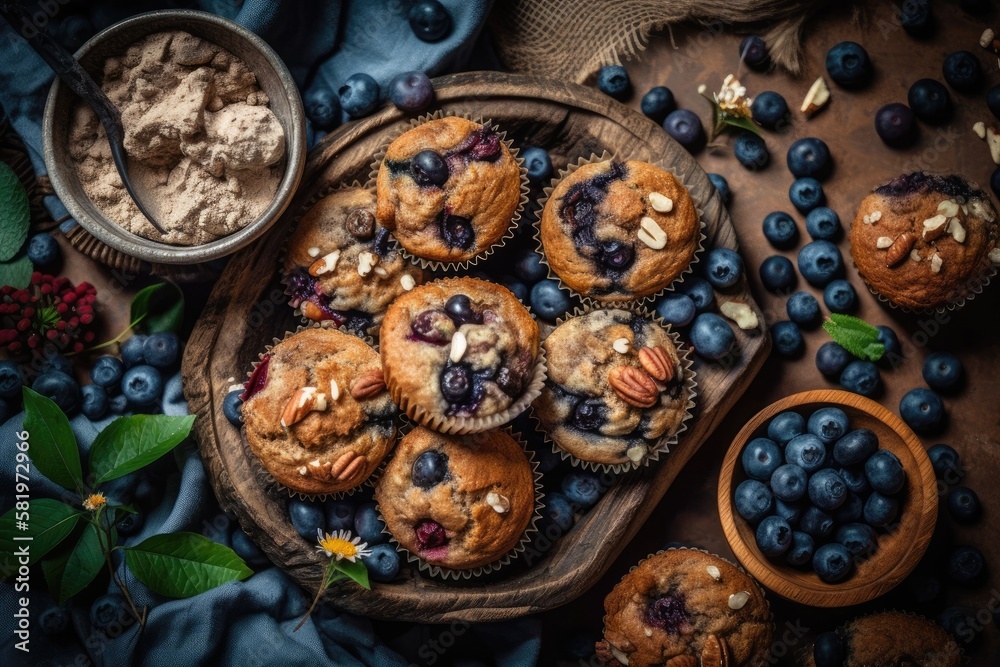 overhead view of healthy vegan banana blueberry muffins with fresh fruit. Generative AI