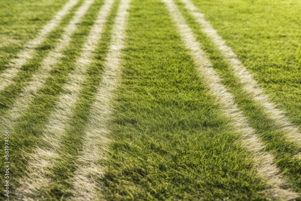 Green grass on a soccer pitch with an artificial grass background and texture in the foreground. Gen