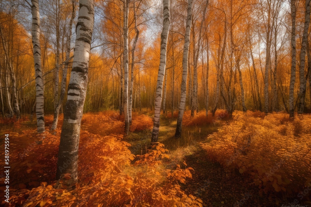 grove of orange birch. Generative AI