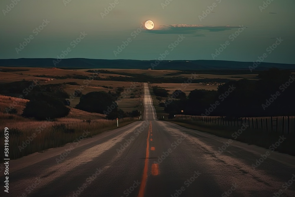 An empty road is lit up by a full moon. Generative AI