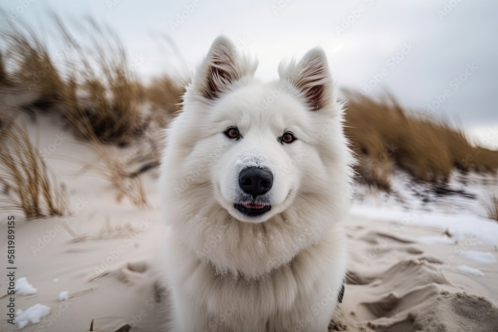 Close up of a white Samoyed dogs muzzle on a snowy Saulkrasti beach dune in Latvia. Generative AI