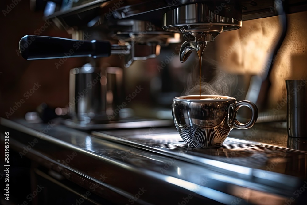 A little cup of freshly made coffee is presented by an Italian espresso machine on the counter of a 