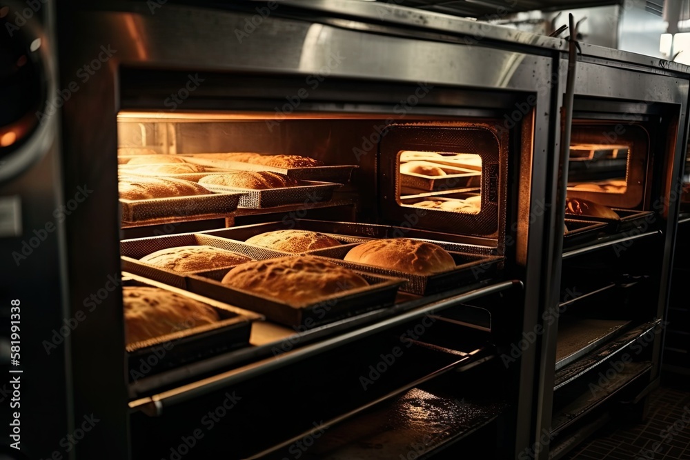 Baking dessert bread in the oven. bakerys primary oven for production. creating bread production of