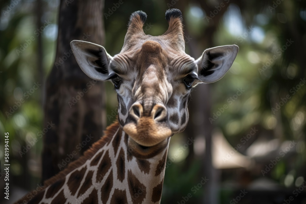 a close up of a giraffe with an odd, amusing face. Generative AI