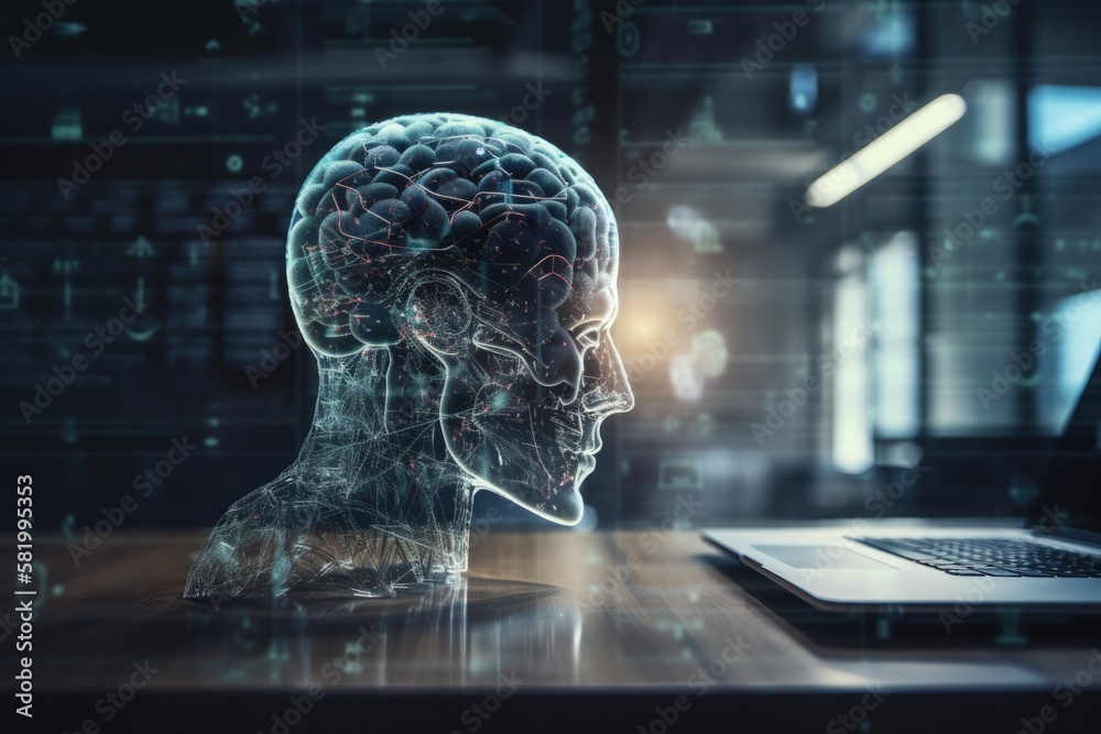 Creative artificial Intelligence concept with human head hologram and modern desktop with computer o