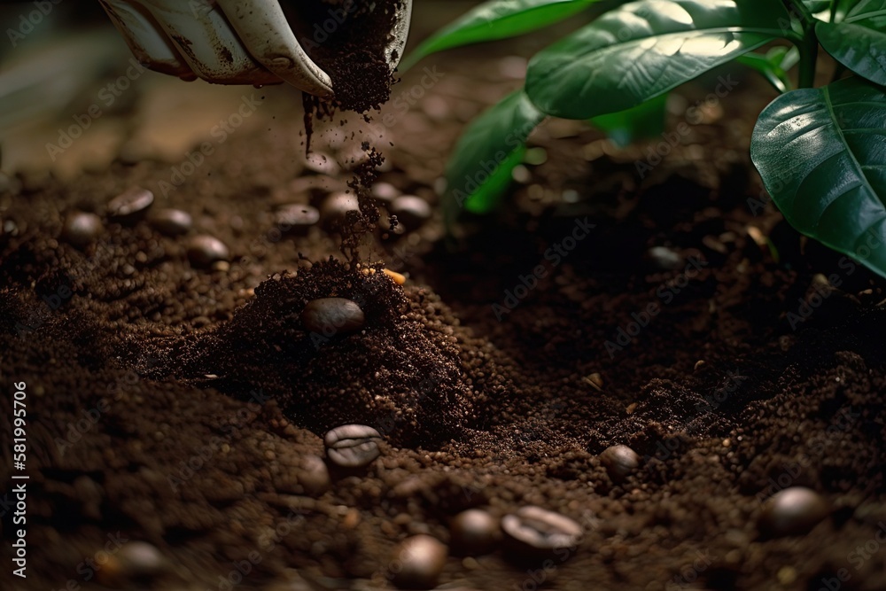 Coffee grounds are poured at a plants base. Generative AI