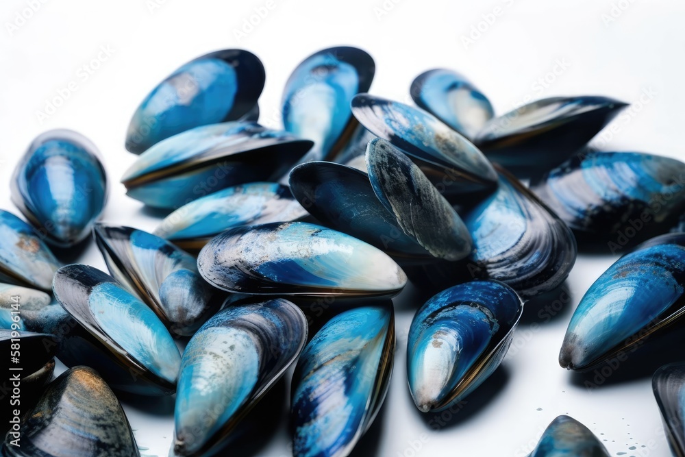 Blue mussel shells on a white background, isolated. Norwegian mussels from the Oslo fjord. Generativ