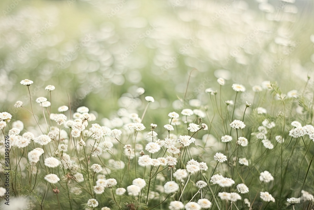 A field of tiny white blossoms against a stunning backdrop. hazy focus. Generative AI