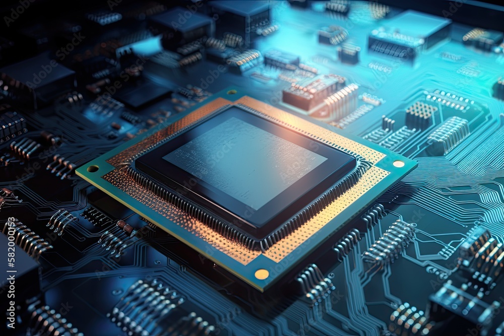 Concept of central processing units in computers. digital chip on the motherboard. science and techn