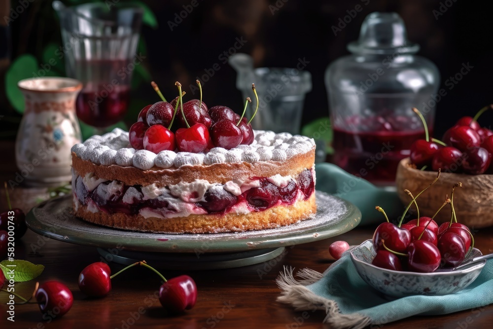 Confectionery. Cherry cake with whipped cream. Generative AI