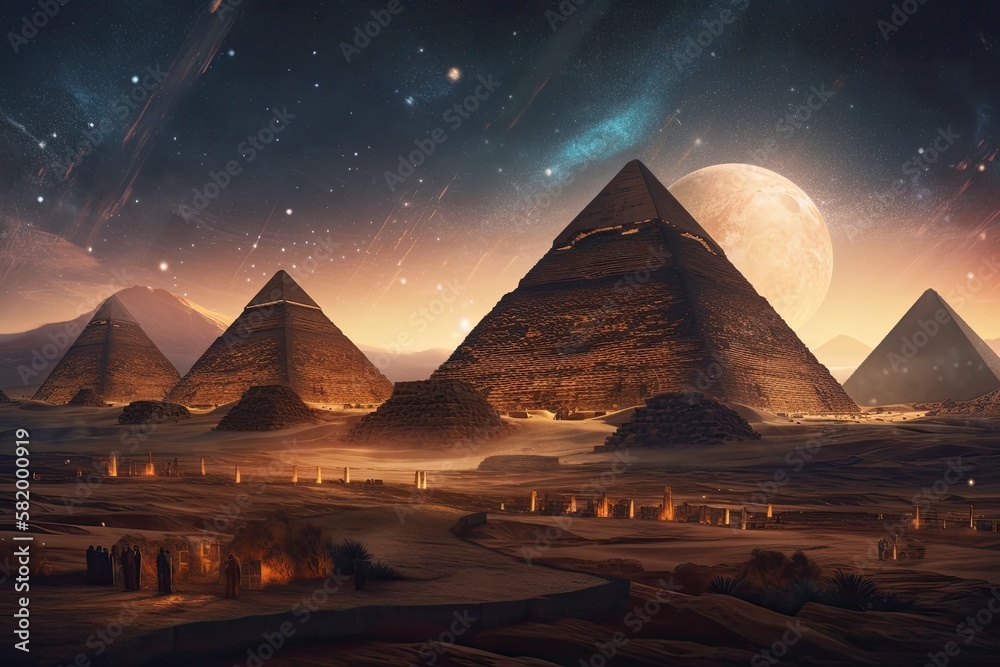 Egyptian pyramids are present in this future desert environment at night. Stars in the night sky, li