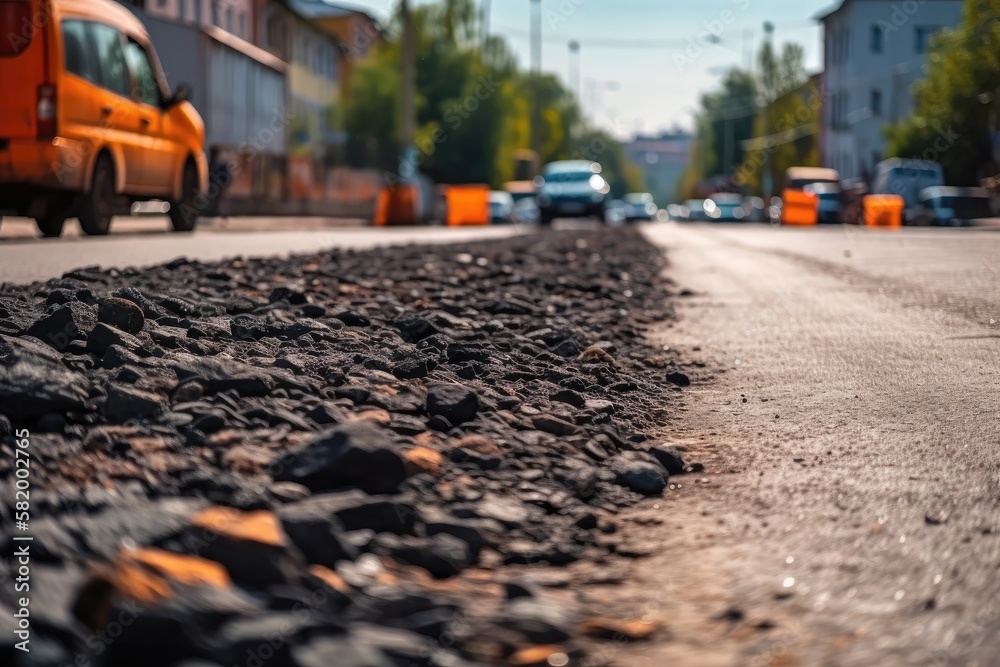 construction of roads. concrete kerb, new asphalt, and orange safety. Generative AI