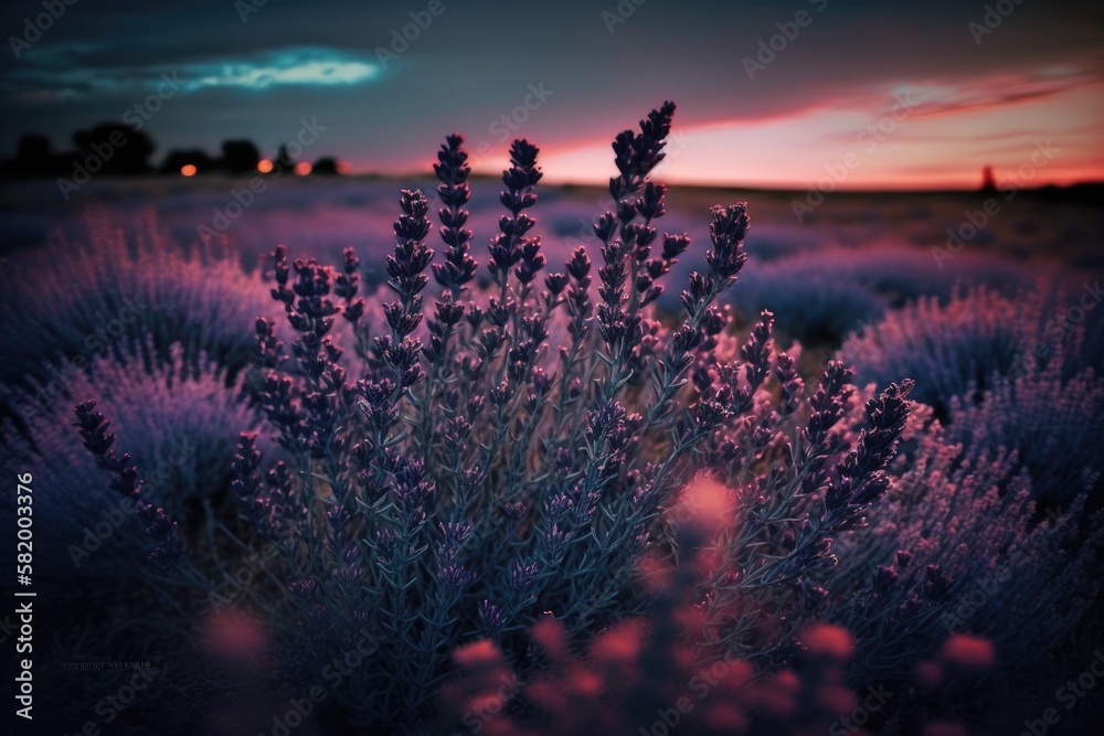 A field of French lavender at dusk. Generative AI