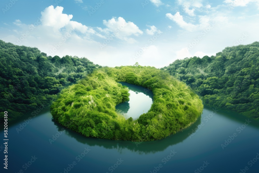 A lake shaped like oxygen in the middle of a dense forest as a representation of how nature purifies