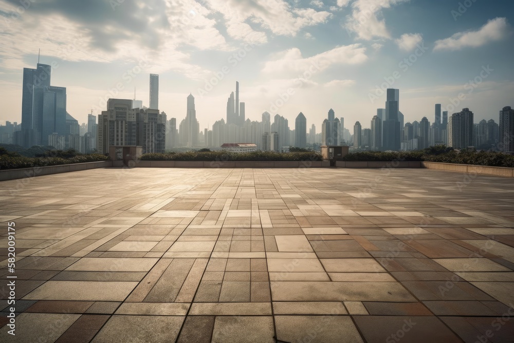 Chinas skyline and an empty square floor. Generative AI