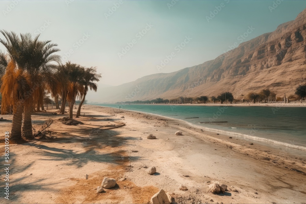 Dead Sea beach with mountains and palm trees in the background. Generative AI