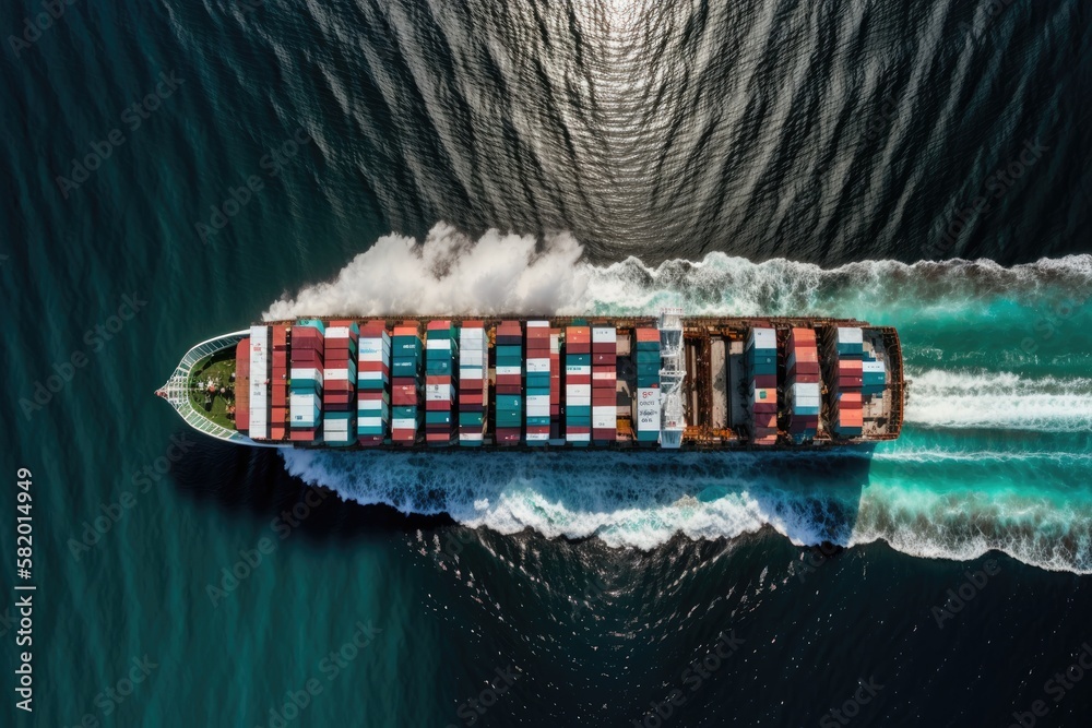 a loaded container cargo ship traveling over a calm ocean in the front from above. Generative AI