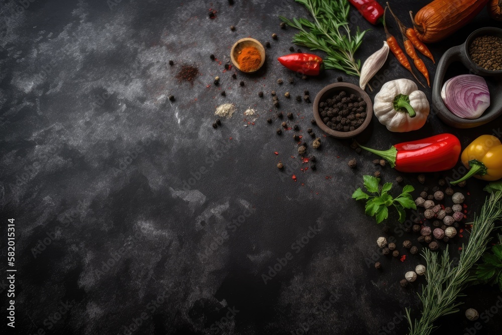 Background of black stone cooking. veggies and spices. looking up. Leave room for your text. Generat