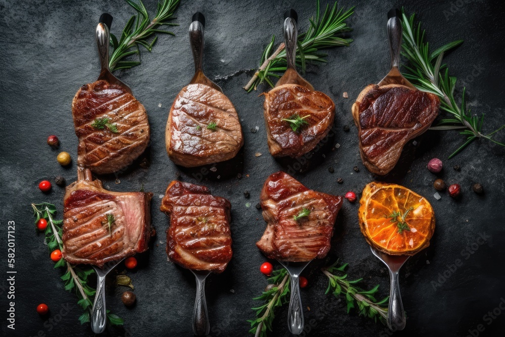 Different steaks being roasted to different degrees for Christmas on a meat fork with copy space for