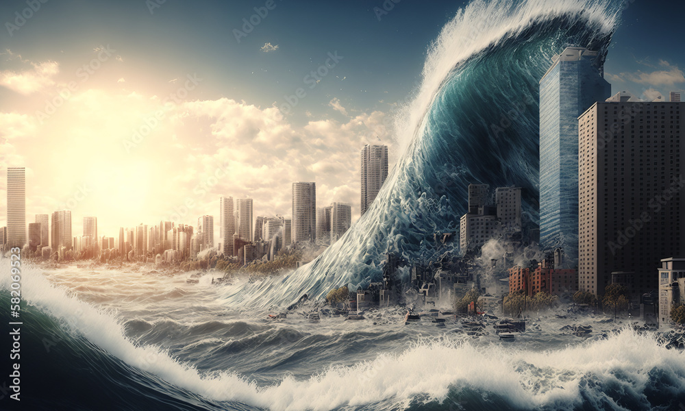 Huge tsunami destroying a city. Dramatic scenery with a big wave flooding the lanscape. Natural disa