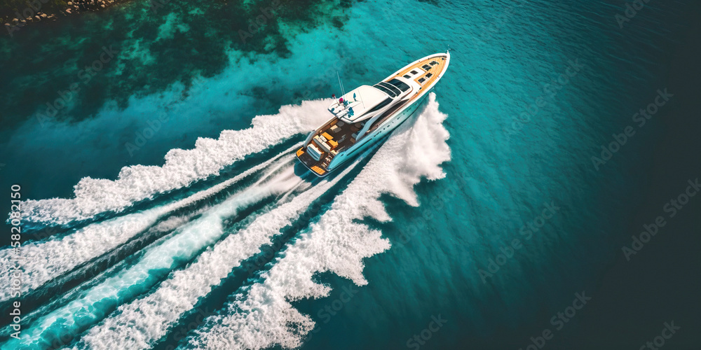 Top view on speed boat in paradise turquoise ocean water. Generative AI