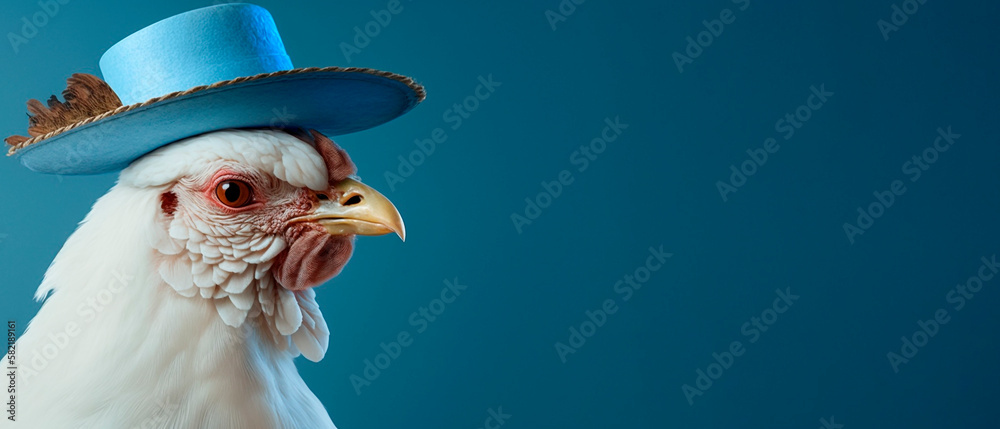 White Chicken wearing hat, blue background with copy space, generative ai