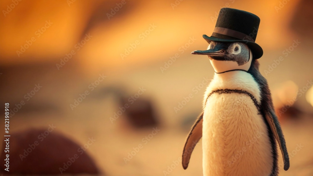 Penguin wearing hat, blurred background, generative ai